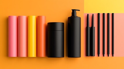 Fototapeta premium Dynamic render of hairstylist tools, colorful rods, and black perm bottles arranged symmetrically