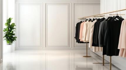 Elegant Clothing Rack in White Room with Plant Decor, Boutique, Style