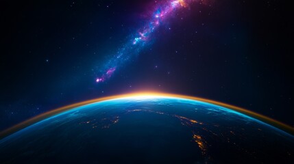 Earthrise Dawn Over Cities, Galaxy Above, planet , cosmos