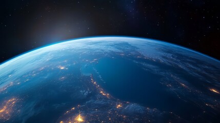 Fototapeta premium Earth From Space City Lights and Blue Aura, Atmosphere, Night ,Planets