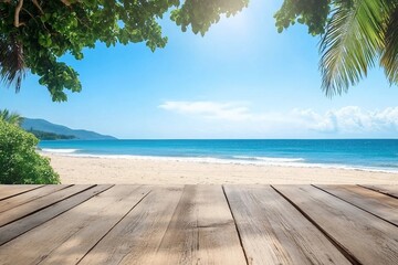 Fototapeta premium Wooden floors and ocean backdrop Suitable for a beach use. The beauty of nature