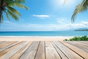 Wooden floors and ocean backdrop Suitable for a beach use. The beauty of nature