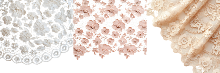 Exquisite layers of delicate lace fabric in shades of ivory peach and blush featuring an intricate ornate floral pattern and a sumptuous wispy texture that evokes a sense of romance and elegance
