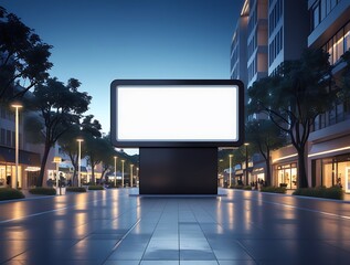 Blank illuminated billboard standing in a modern pedestrian street at night, surrounded by trees and lit storefronts, providing a perfect space for advertising, branding, or promotions

