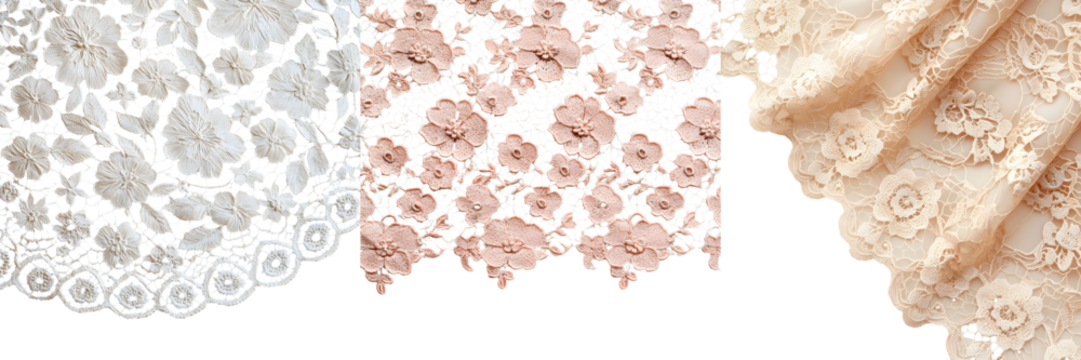 Exquisite layers of delicate lace fabric in shades of ivory peach and blush featuring an intricate ornate floral pattern and a sumptuous wispy texture that evokes a sense of romance and elegance