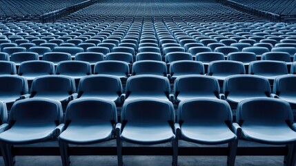 Naklejka premium Empty bleachers in a large stadium, with vast, open space and clean lines of seating, offering a modern, architectural feel.