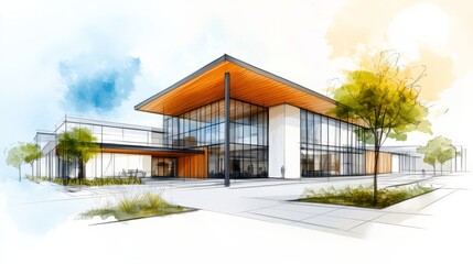 Architectural Sketch Modern Building with Glass Facade and Wood Details,Architecture, Design
