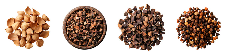 Obraz premium Close up of an assortment of different types of nuts and seeds including walnuts hazelnuts pecans and cashews arranged in rustic wooden bowls on a plain background