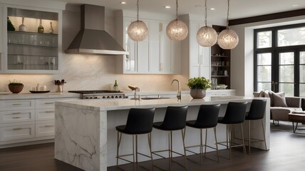 Modern Kitchen with Marble Island and Pendant Lights