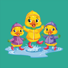 Obraz premium duckling waring raincoat and playing in rain water vector illustration