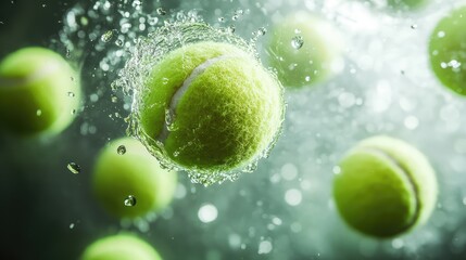 Tennis balls bouncing in different heights, captured with a freeze-frame effect.