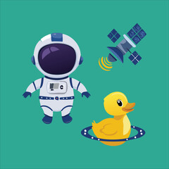 Fototapeta premium duckling in space astronaut, vector illustration 