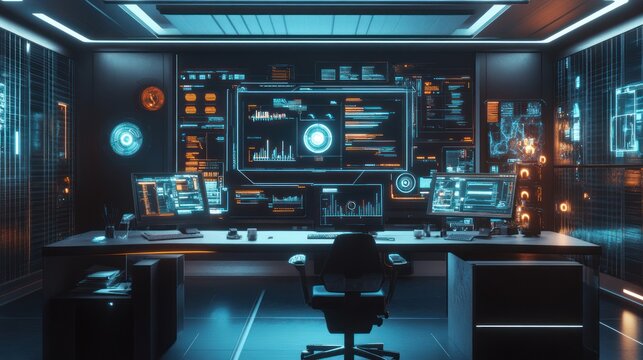 Futuristic Tech Control Center:  Cybersecurity Command Room, Digital Displays, High-Tech Office