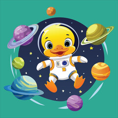 Naklejka premium duckling in space astronaut, vector illustration 