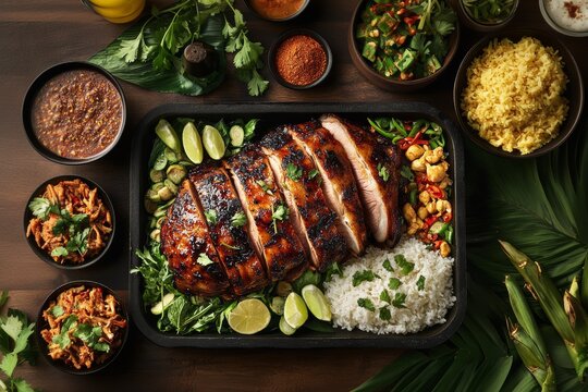 Babi guling served on black tray, accompanied by rice, vegetables, sauces. Concept of vibrant presentation highlighting babi guling and balinese roasted pork ingredients.