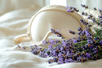 Lavender bouquet beside a sleeping mask, natural sleep aid.