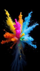Vibrant colored powder burst against stark black backdrop, dust, image