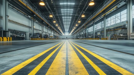 Obraz premium The factory warehouse floor with large machines and a wide aisle, creating a sense of industrial efficiency and clean organization.