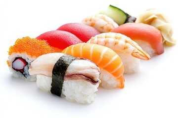 A high-resolution image of sushi with delicate rice texture and glistening fresh fish, isolated on a white background for food menu design.