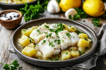 Plate of fish with potatoes garnished with parsley, set on rustic table. Concept of cozy dining scene featuring fish and lush greenery, evoking warmth and comfort.