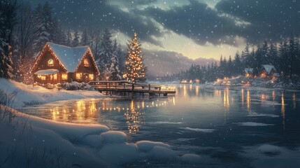 Snowy winter scene, illuminated houses, calm lake.