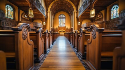 The intricate wooden pews in a church with decorative carvings, bathed in soft, natural light filtering through high windows.