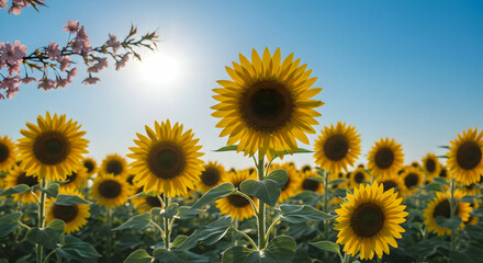Obraz premium Sunflowers Field Under Bright Sunlight With Pink Blossoms