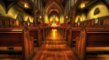 Obraz premium The ornate wooden pews in a quiet church, with space in the center of the aisle leading toward a grand altar.