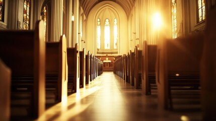 Fototapeta premium The smooth wooden pews and intricate details of a church aisle, with sunlight filtering through high windows and creating a calm ambiance.