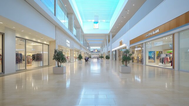 Wide-angle view of an empty shopping mall with modern architecture, clean floors, and spacious walkways leading to various retail sections.