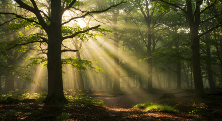 Obraz premium Sunlight Streams Through Forest Canopy