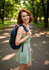 Smiling woman walks park path sunlight dappled green dress backpack summer day. AI Generated