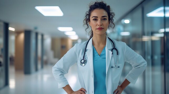 Female Doctor Standing Confidently in Modern Hospital Environment - Powered by Adobe