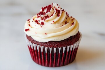 Red velvet cupcake, topped with a swirl of cream cheese frosting and red velvet crumbs.