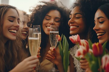 A luxurious indoor setting where a group of diverse, happy women are toasting with champagne and holding tulips, celebrating Womenâ€™s Day.