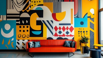 Obraz premium Vibrant colorful modern interior design with bold abstract wall art and orange sofa.