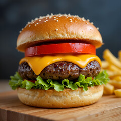  A classic cheeseburger with a juicy beef patty, melting cheese, lettuce, and tomato, served on a clean wooden tray with fries beside it.
