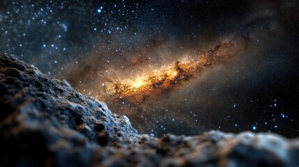 A mesmerizing view from a rocky asteroid, revealing a vibrant galaxy glowing with an intense golden hue amidst countless stars in the cosmic backdrop.