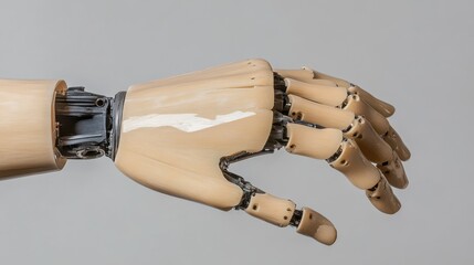 A sleek, prosthetic hand with realistic fingers presented against a neutral background, showcasing innovation in artificial limbs.