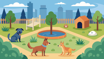 Naklejka premium A new dog park has been established within the park providing a fencedin area for dogs to run play and socialize.. Vector illustration