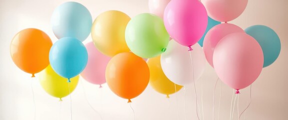 Pastel colored balloons floating against a soft, blurred background, wallpaper, fun