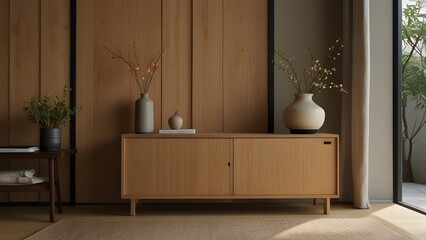 A wooden cabinet with a Japanese design on an empty wall in a muji style living room.