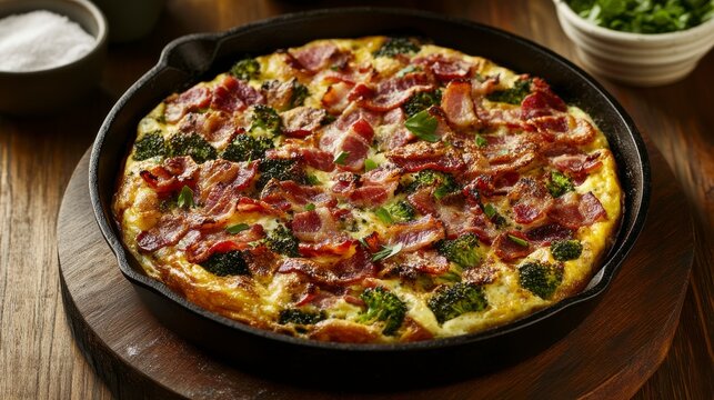 Delicious Broccoli Bacon Quiche Frittata in Cast Iron Pan on Wooden Tabletop for Nutritious and Healthy Homemade Cuisine Food Photography