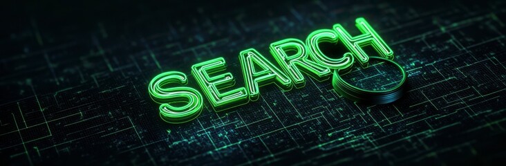 Digital Search Concept with Neon Green Pixelated Text and Electronic Circuit Pattern Background and Artificial Intelligence Visualization