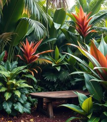 Rustic wooden bench nestled amongst lush tropical foliage, earthy tones, earth tones, rest