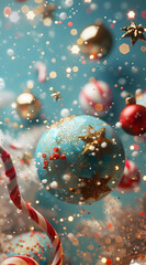 Fototapeta premium Festive Christmas baubles dance in a sparkling winter wonderland teal and gold glitter candy canes bokeh lights magical holiday scene