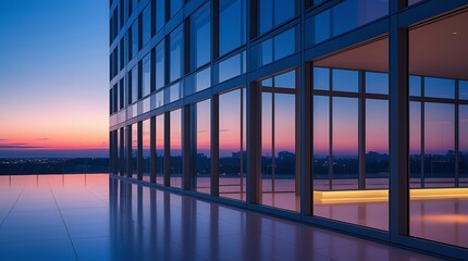 Modern glass skyscraper reflecting a colorful sunset sky, showcasing contemporary architecture with illuminated interior spaces, clean lines, and urban aesthetics at dusk


