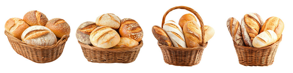 Variety of homemade artisanal breads croissants and other baked goods displayed in wicker baskets creating a warm and appetizing culinary display