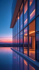 Fototapeta premium Modern glass skyscraper reflecting a colorful sunset sky, showcasing contemporary architecture with illuminated interior spaces, clean lines, and urban aesthetics at dusk