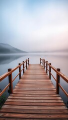 Obraz premium Wooden footbridge spans tranquil lake, mist shrouds distant shore, untouched nature, nature, serene landscape